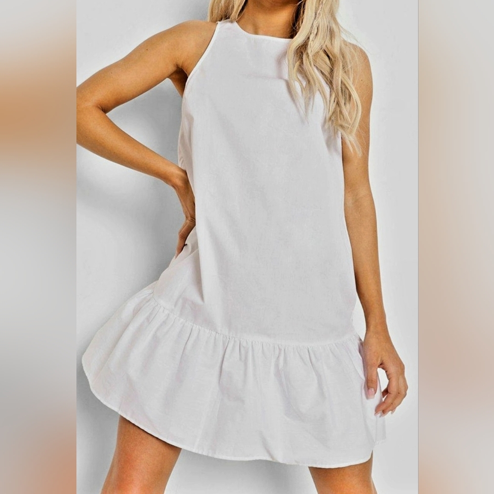 BooHoo White Ruffle-Hem Sleeveless Dress